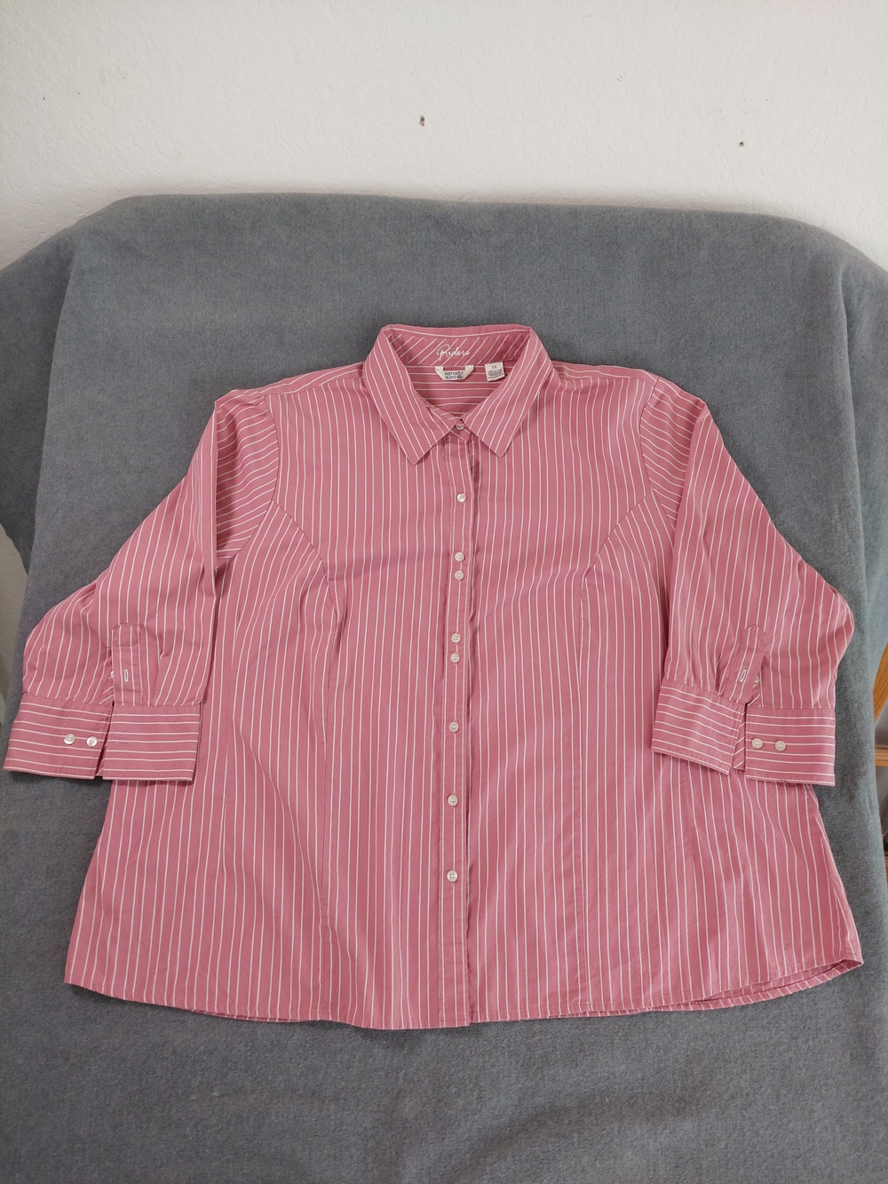 Riders by Lee Pink White Striped Button Down Blouse 3/4 Sleeve 3X Plus Cotton - Picture 2 of 7